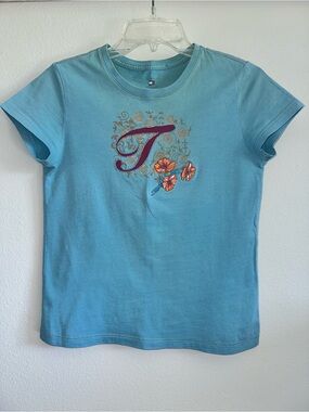 Tommy Hilfiger Teal Blue Tee with Orange Floral 'T' Logo embroidered size PS
